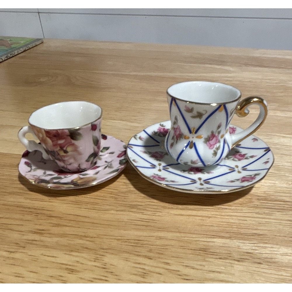 2 Vintage Mini Porcelain Floral Demitasse Coffee Cup & Saucer Sets, Gold Trim